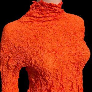 ISSEY MIYAKE Long Sleeve Wrinkle Pleated Mock Neck Orange Shirt Top M L XL